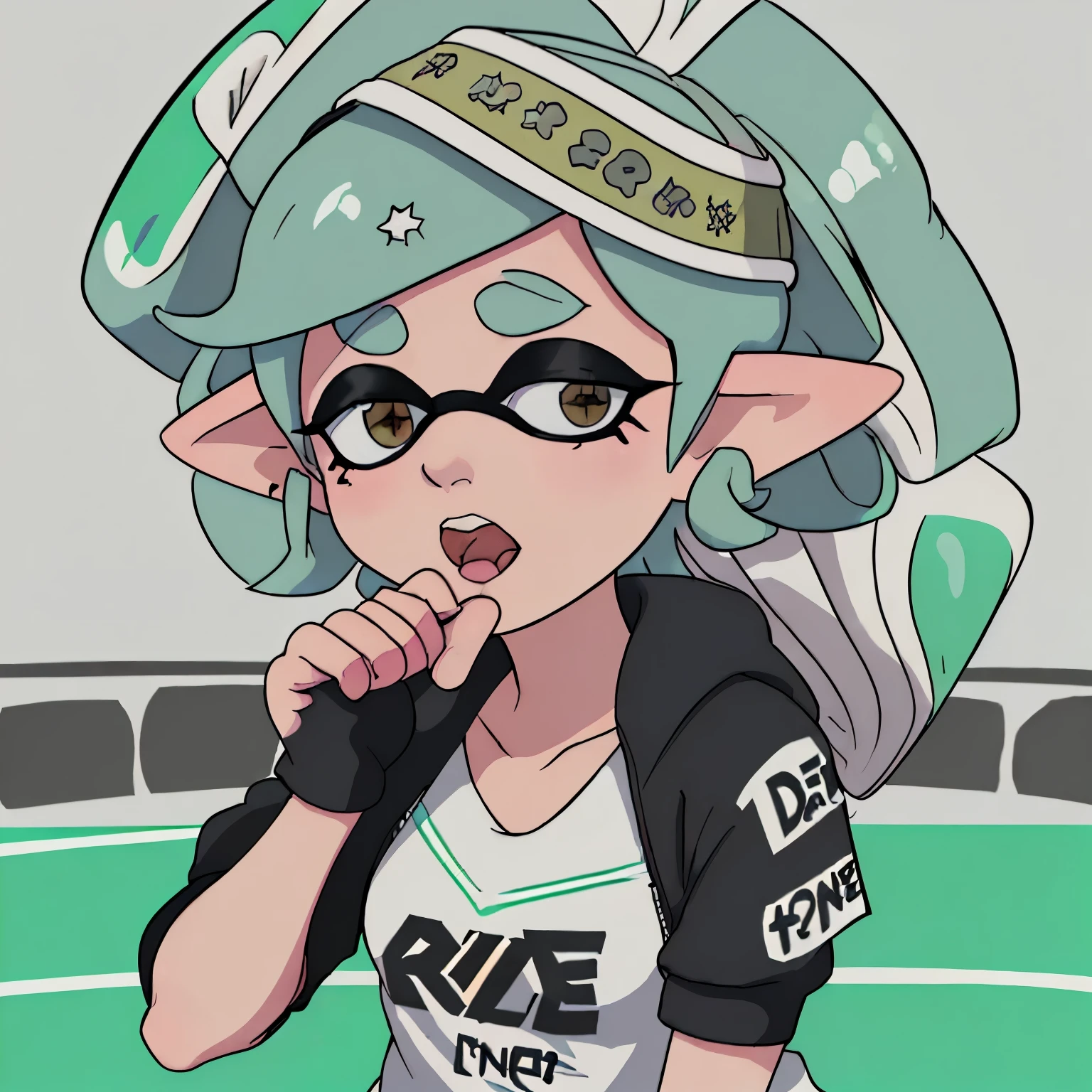 Marie de splatoon esta cantando en un concierto de rock, en el cual tiene una chaqueta de cuero puesta y de fondo esta una bandera gigante con el logo de the rolling stone 