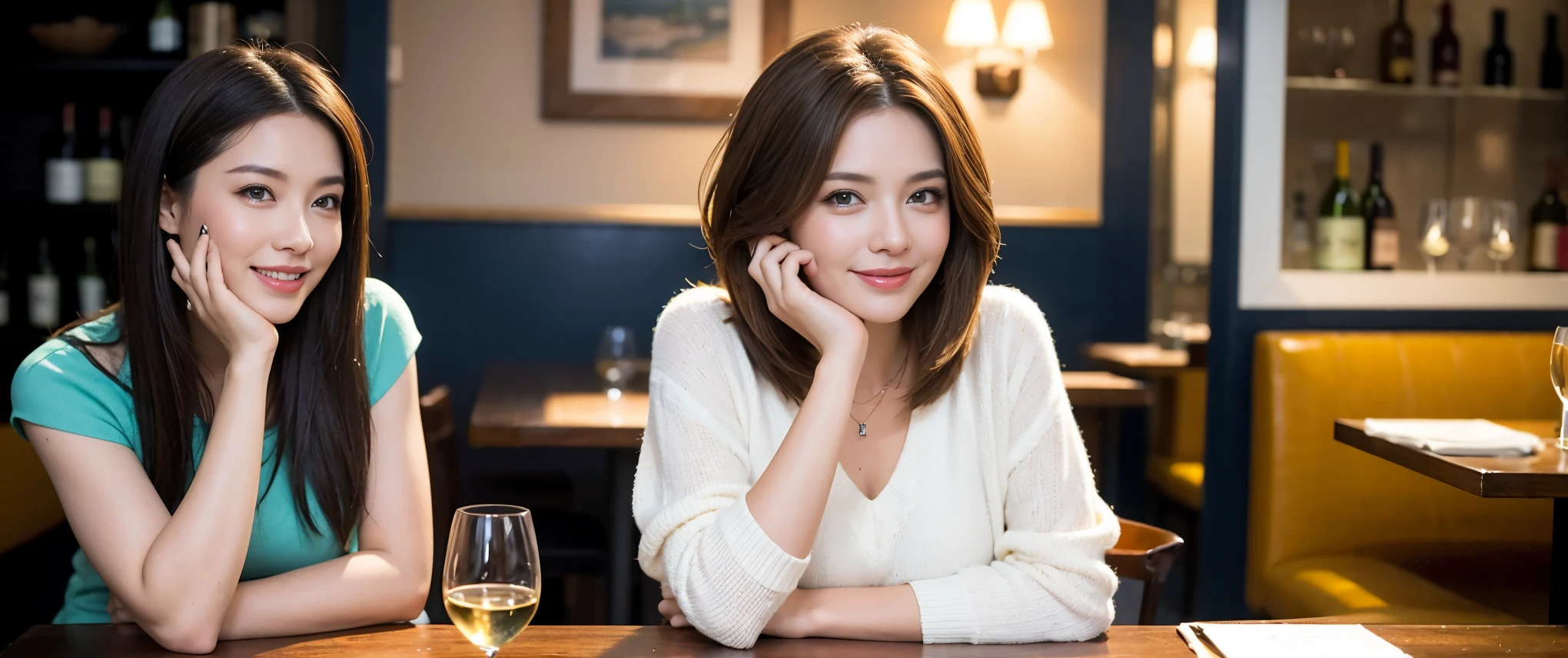 ((highest quality、8K、masterpiece:1.3))、Beautiful woman perfect body:1.4、slimなボディ、((Bob Hale、straight hair:1.2))、 ultra high resolution, bright image、2. Wine Beauties, beautiful face, blue eyes, fine eyes, light shines on your face, blush your nose, short hair,Spectacular view of the sunset sky and clouds、Amazing mountain views、ニコニコ明るいsmile、smileの素敵な女性、bright face、Fox face、lady、Champagne、Wine bottle、wine glass、red wine 、Appetizer、Italian food、two beauties、brown hair、shortcut、long sleeve shirt、winter fashion、dress、wine bottle、sparkling wine、Pretty Woman 1, (slimな顔), (brown hair), (shortcut), cheeks turn a little red, (42 years old), 39 years old, charming beauty、restaurant, nova frog style, actress, model, Upper body, White wine, slim, wine glass, 真ん中に置かれたwine glass, smile, (smile: 1.15), 綺麗なfine eyes, Strong light and shadow,moist body:1.5、delicate eyes、brown hair、The hair is very shiny、