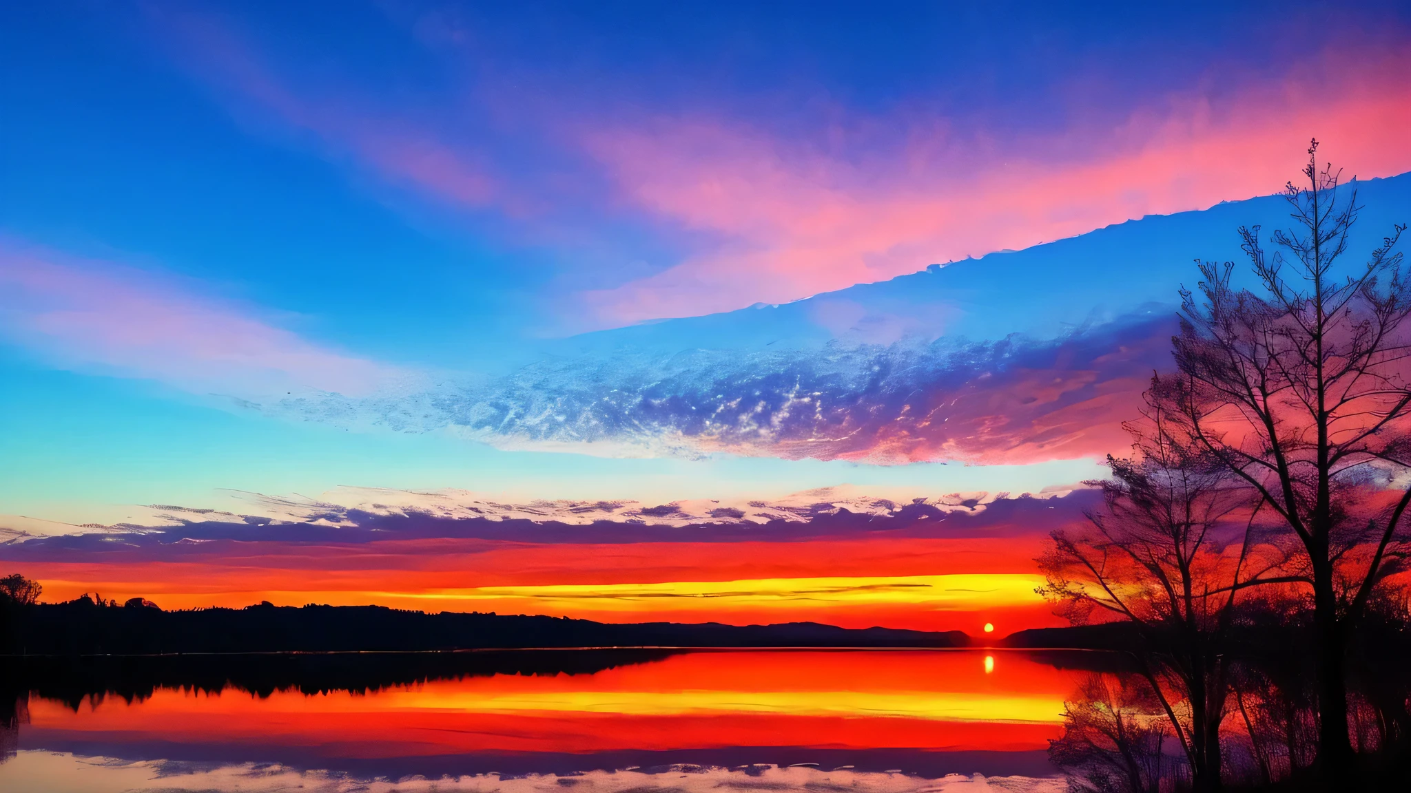 lake and trees々There is a beautiful sunset in the background, colorful sky, surreal colors, Colorful Sunset, colorful sky, Beautiful sky reflection, stunning sky, dreamy atmosphere 8k, Colorful Clouds, Colors reflected in the lake, surreal sky, red and blue reflections, fire reflection, beautiful sky, Beautiful and spectacular sunset, beautiful dreamy landscape, Beautiful sky