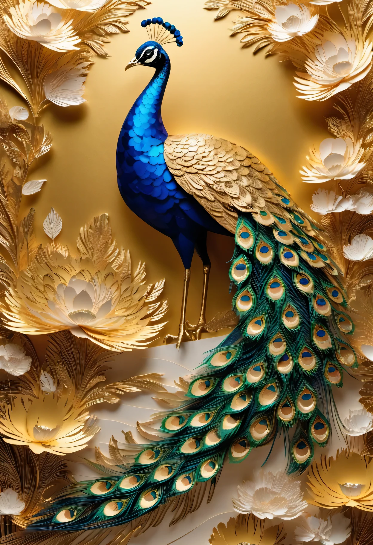 (best quality,4k,8k,highres,masterpiece:1.2),ultra-detailed,(realistic,photorealistic,photo-realistic:1.37),paper-cut style:gold foil peacock,ornate feathers and patterns,rich color palette,meticulous craftmanship,fine details,paper folding techniques,shadows and highlights,play of light and shadow,paper texture,traditional Chinese art,aesthetic beauty,elegant and intricate designs,floating peacock feathers,fantasy atmosphere,vivid and vibrant colors,precise and delicate paper cuts,handcrafted artwork,beautifully layered composition,exquisite cut-out patterns,paper scrolls and flowers,festive and celebratory mood,splashes of gold and silver,reflections on the gold foil,sense of depth and dimension,paper lanterns and lantern lights,ethereal and dreamlike,mythical and majestic peacock,expressive poses and gestures,dynamic and flowing peacock tail feathers,graceful and enchanting,airy and weightless,serene and harmonious,traditional folklore and symbolism,proud and confident peacock,embodying beauty and grace,attention to fine lines and intricate details,unique storytelling through paper-cut art