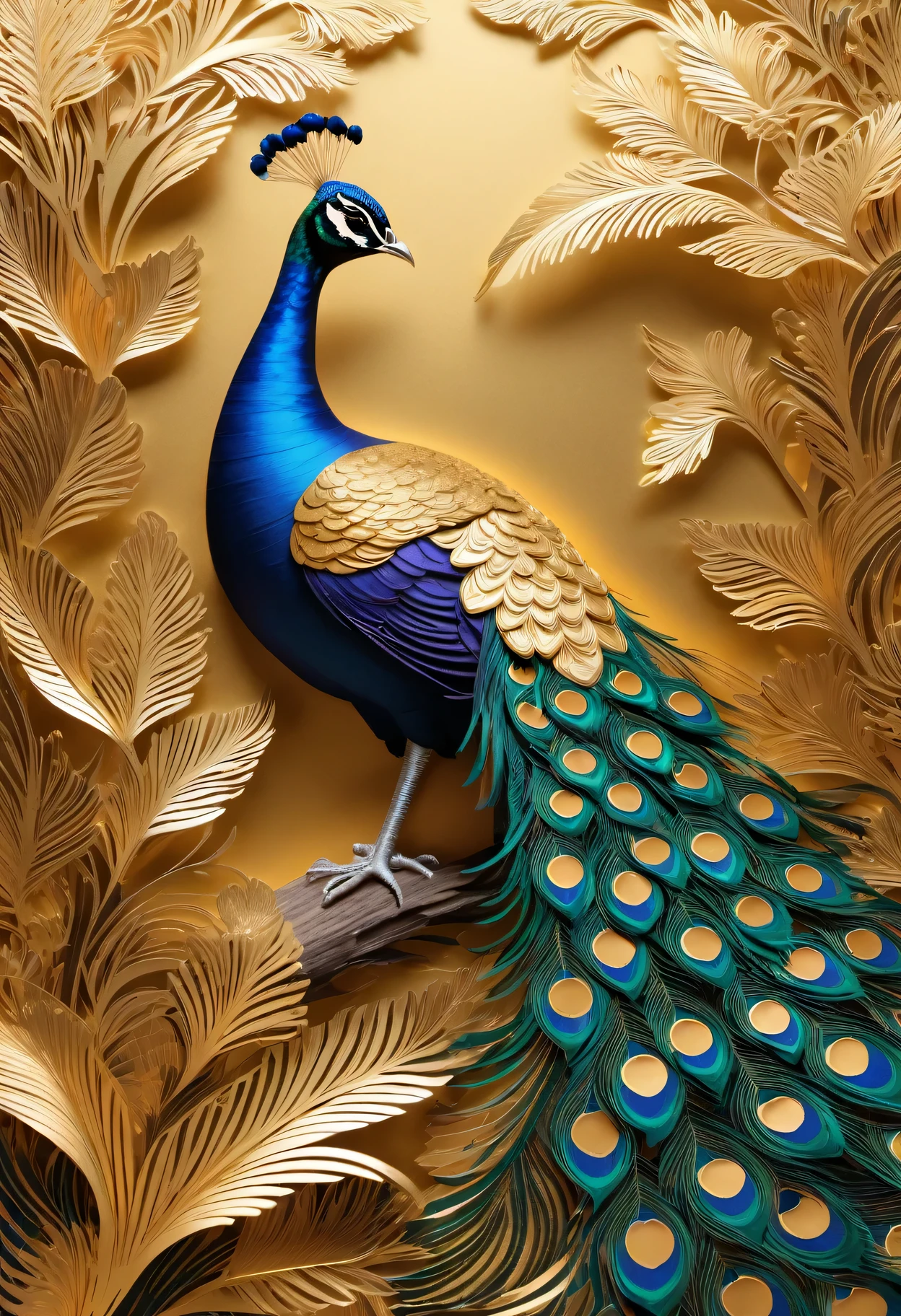 (best quality,4k,8k,highres,masterpiece:1.2),ultra-detailed,(realistic,photorealistic,photo-realistic:1.37),paper-cut style:gold foil peacock,ornate feathers and patterns,rich color palette,meticulous craftmanship,fine details,paper folding techniques,shadows and highlights,play of light and shadow,paper texture,traditional Chinese art,aesthetic beauty,elegant and intricate designs,floating peacock feathers,fantasy atmosphere,vivid and vibrant colors,precise and delicate paper cuts,handcrafted artwork,beautifully layered composition,exquisite cut-out patterns,paper scrolls and flowers,festive and celebratory mood,splashes of gold and silver,reflections on the gold foil,sense of depth and dimension,paper lanterns and lantern lights,ethereal and dreamlike,mythical and majestic peacock,expressive poses and gestures,dynamic and flowing peacock tail feathers,graceful and enchanting,airy and weightless,serene and harmonious,traditional folklore and symbolism,proud and confident peacock,embodying beauty and grace,attention to fine lines and intricate details,unique storytelling through paper-cut art