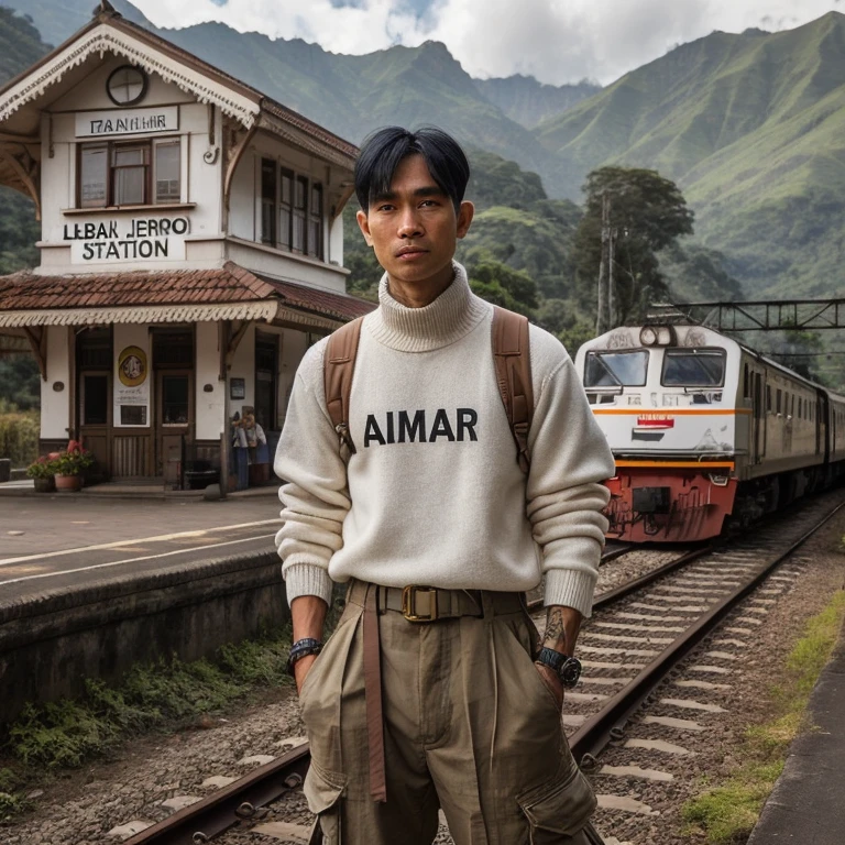 The train is moving on the train tracks in the middle of green nature and mountains with a 35 year old Indonesian man who has an oval face shape, short razor cut black hair, wearing a white sweater that says "AIMAR", olive colored tactical pants, and hiking shoes, standing beside the rail. Add a small station with old architecture with a sign that says "LEBAKJERO STATION".