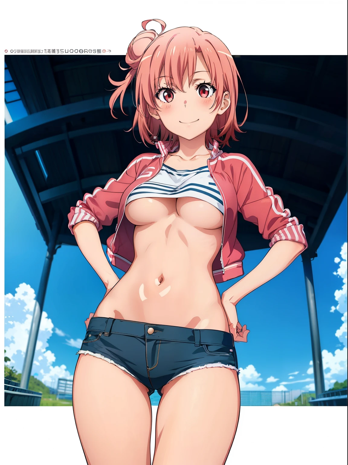 ((masutepiece, Best Quality, hight resolution, nffsw, Perfect Pixel, depth of fields, 4K, )), 1girl in, Solo, , Beautiful anime girl, Beautiful Art Style, close up, Looking at Viewer, Perfect body, Yuigahama Yui, Short hair, single hair bun, pink hair, (large boob), Full face blush, Smile, thighs thighs thighs thighs, varsity jacket, hands on hips, white background, cowboy shot, Focus,