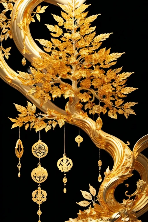 (Gold leaf art:1.5)，The black and gold-rimmed Bodhi tree fell from the sky, Dunhuang murals as background, minimalist, line art, From front and center to the ghostly smoke, Transition from entity to ghost, clever, strong yet calm, Rich in details, Psychedelic, extremely good, drama, Chinese ancient style, style, ink painting, fantasy, surreal, ethereal