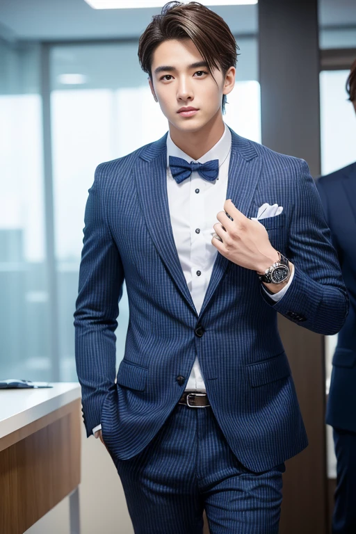 20-year-old refreshingly handsome guy,（Super cool guy in a suit）、20 years old Japan man、1 person、businessman、Ultra-luxury suits、Striped suit、　s Office、Young handsome man standing in suit、（Highly detailed photos in 8K）、（Very detailed handsome man）、Photo Real）、（top-quality）、ultra-detailliert、​masterpiece、An ultra-high picture quality、tall、Very beautiful hair、Bright photo、Handsome like a model、Handsome like an idol、luxury watch、ash hair