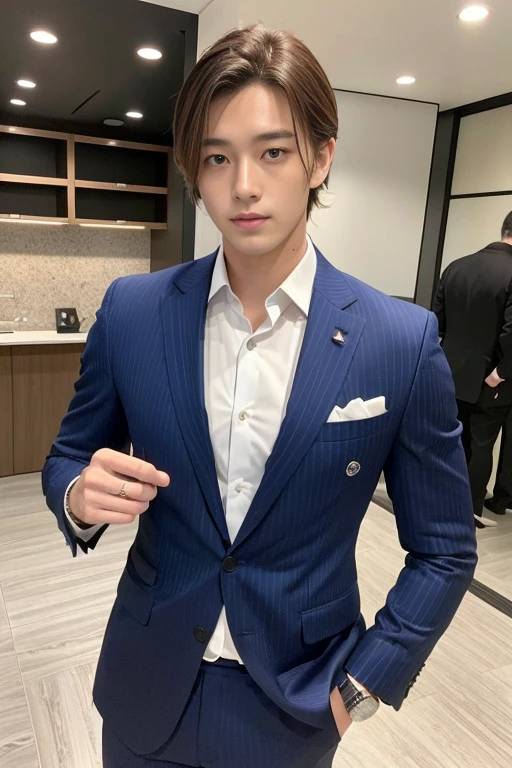 20-year-old refreshingly handsome guy,(Super cool guy in a suit)、20 years old Japan man、1 person、businessman、Ultra-luxury suits、Striped suit、 s Office、Young handsome man standing in suit、(Highly detailed photos in 8K)、(Very detailed handsome man)、Photo Real)、(top-quality)、ultra-detailliert、masterpiece、An ultra-high picture quality、tall、Very beautiful hair、Bright photo、Handsome like a model、Handsome like an idol、luxury watch、ash hair