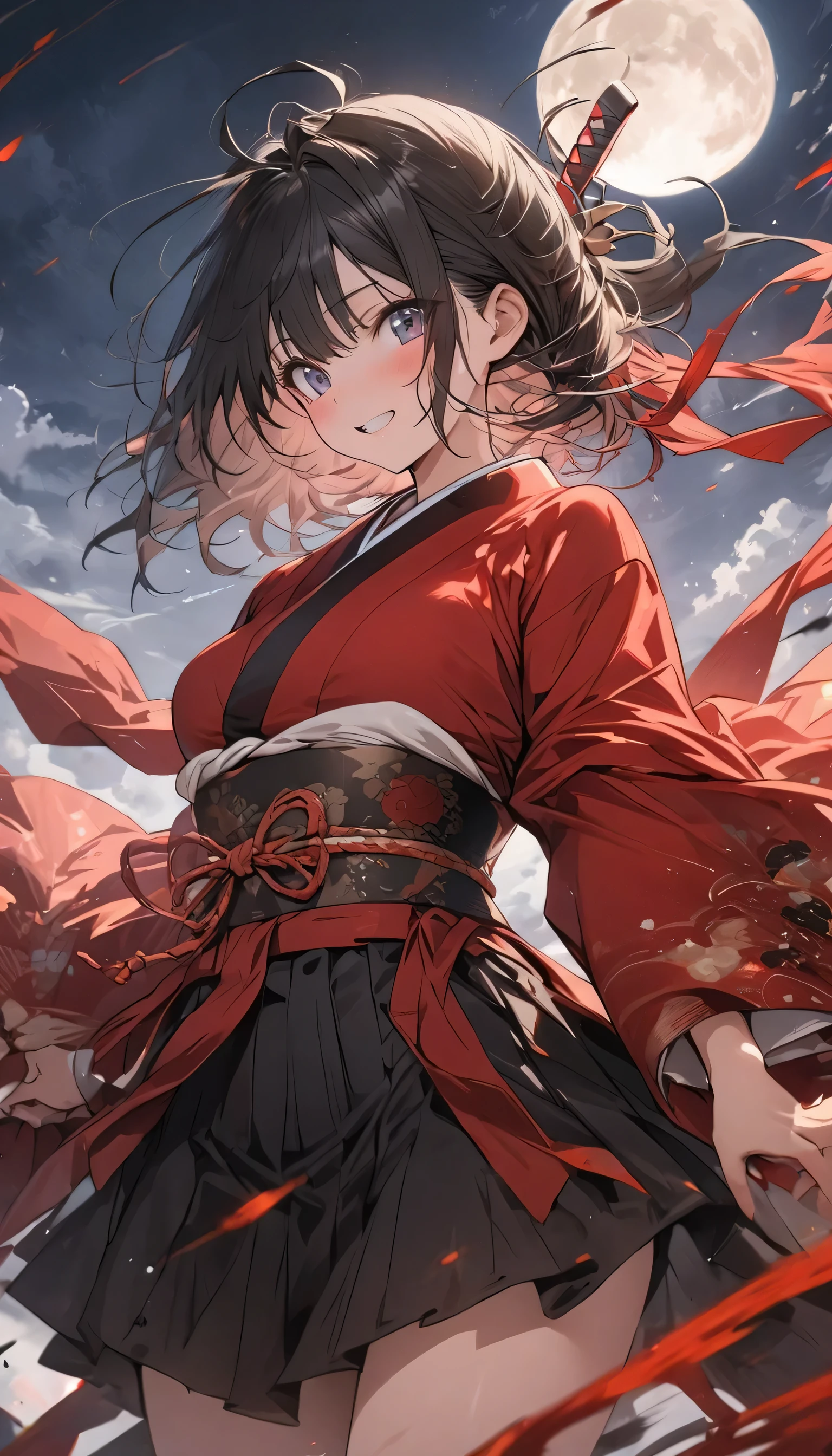 masterpiece, anime、, BREAK,highest quality, samurai in red kimono, Fabric flowing through the air, moon, northern grassland, software