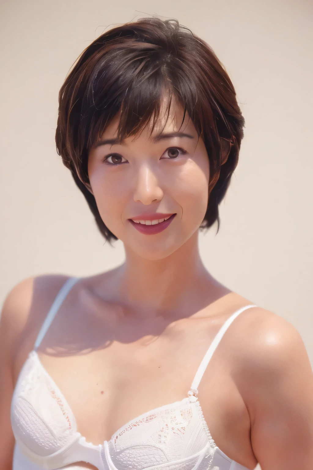 NSFW:1.5,((highest quality、8K resolution、master masterpiece、portrait:1.3)), Photoreal, 35mm film, 1 Japanese female, Upper body、on the street during the day, wrinkles around the eyes、plump body、cleavage、boyish_pixie cut、smile,((white bra_panties:1.3)) , (outdoor:city street 1.3), jumbled background,look at the audience,Tokyo cityscape:1.3,close your mouth
