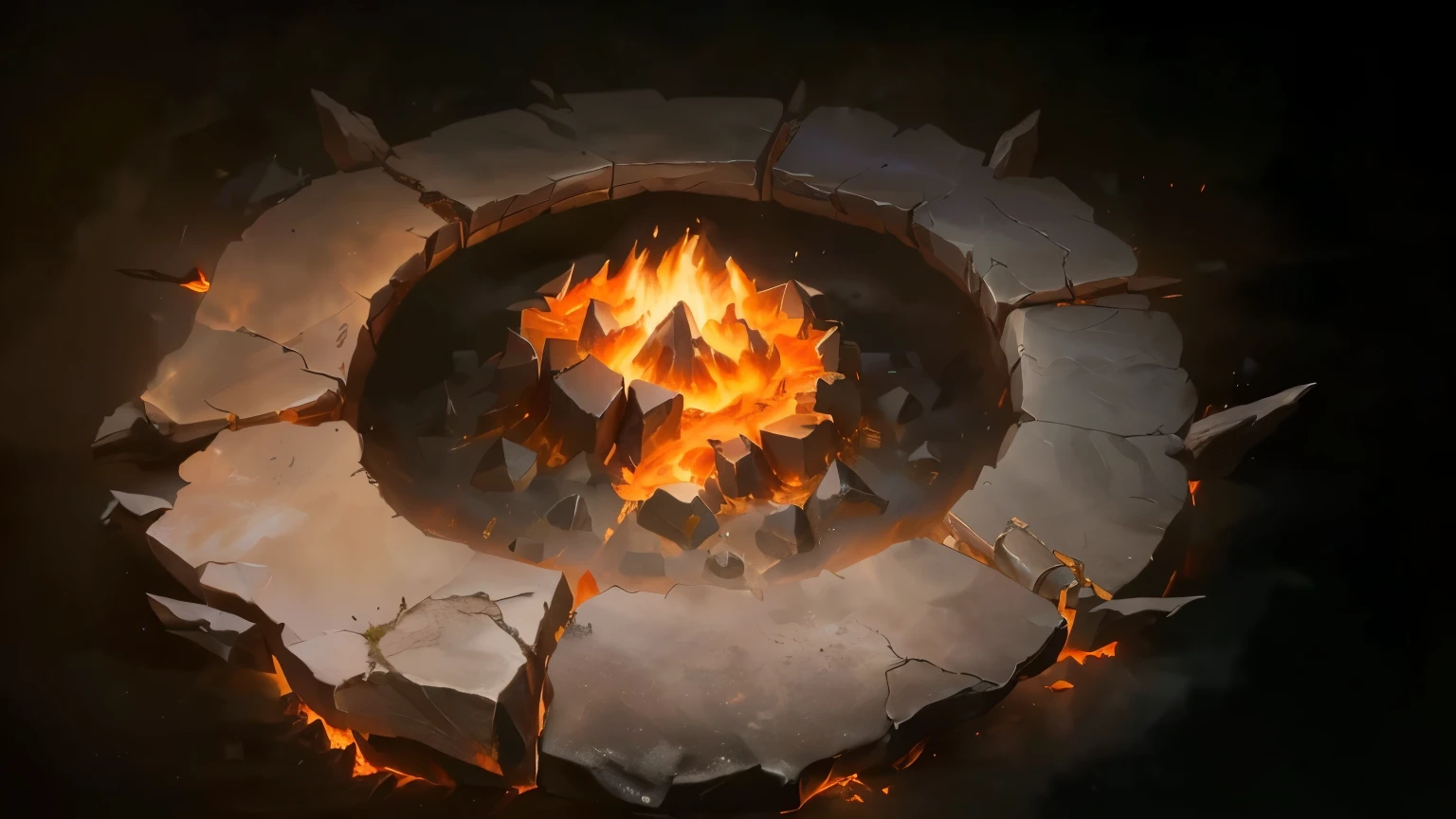 There is a fire pit，there is fire inside，There are rocks around, flame stones are scattered, blizzard Hearthstone concept art, Hearthstone concept art, Holy Fire Spell Art, Dota 2 concept art, Riot Games Concept Art, Research the Hell Rift Portal, Portal to the Lost Flame Realm, diablo concept art, Ironmaking pits, Mysterious concept art with high detail, best quality, 8K, [Super detailed], masterpiece, best quality, (Very detailed), Dynamic angle, lifelike, dnd art, fantasy art, realistic art,(strong details, masterpiece, best quality: 1.5)，joist，sacrifice，runes