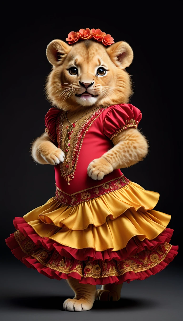 Photorealistic portrait of an animal wearing clothes - a fat lion baby flamenco dancer,( Flamenco poses),  high quality,(charming) ,intricate details, Very detailed ((Golden flamenco costume)) ,Very detailed dress,, (happy), studio lighting,(full body image:1.5)