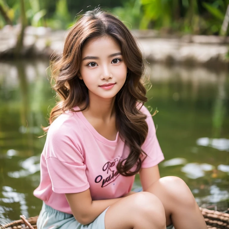 make a full body oil painting photo of a beautiful Indonesian woman, round face, beautiful, cute, beautiful eyes, beautiful wavy hair with a slight curl at the ends of her hair, pink and black, with a catchy natural casual outfit, posing in a fishing spot, face glowing with series, photo full HD, perfect clear contrast, 16k, front focus; original photo.

