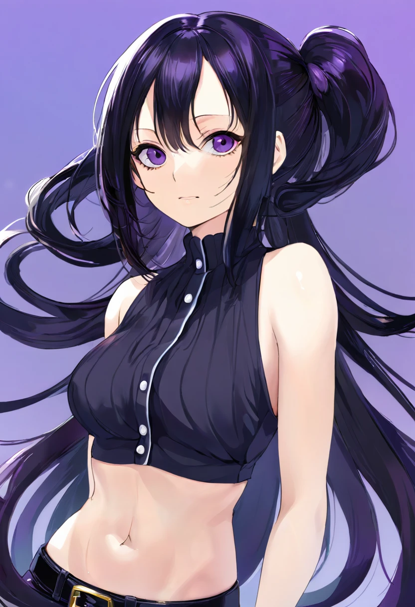Reze tiene una figura bien proporcionada con un cuerpo voluptuoso, su piel es de tez clara. Ella es muy alta y esbelta, She has long black hair with purple tones in front of her waist with a few strands of hair framing her face up to her chin., dark blue eyes and voluminous eyelashes.
En su cuello lleva una gargantilla con un alfiler de bomba que sobresale de un lado de su cuello. His clothing is a sleeveless mandarin style shirt and he is wearing black pants..
Al estilo de One Piece