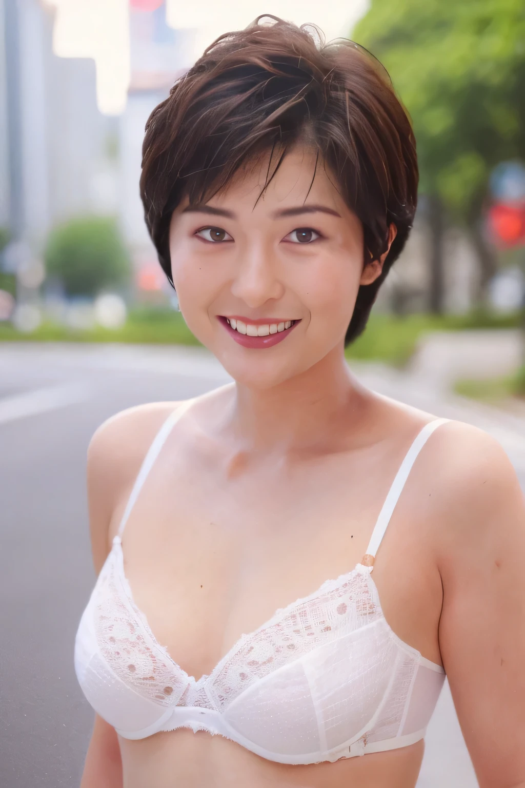NSFW:1.5,((highest quality、8K resolution、master masterpiece、portrait:1.3)), Photoreal, 35mm film, 1 Japanese female, Upper body、on the street during the day, wrinkles around the eyes、plump body、、boyish_pixie cut、smile,((white bra_panties: (outdoor:city street 1.3), jumbled background,look at the audience,Tokyo cityscape:1.3,close your mouth