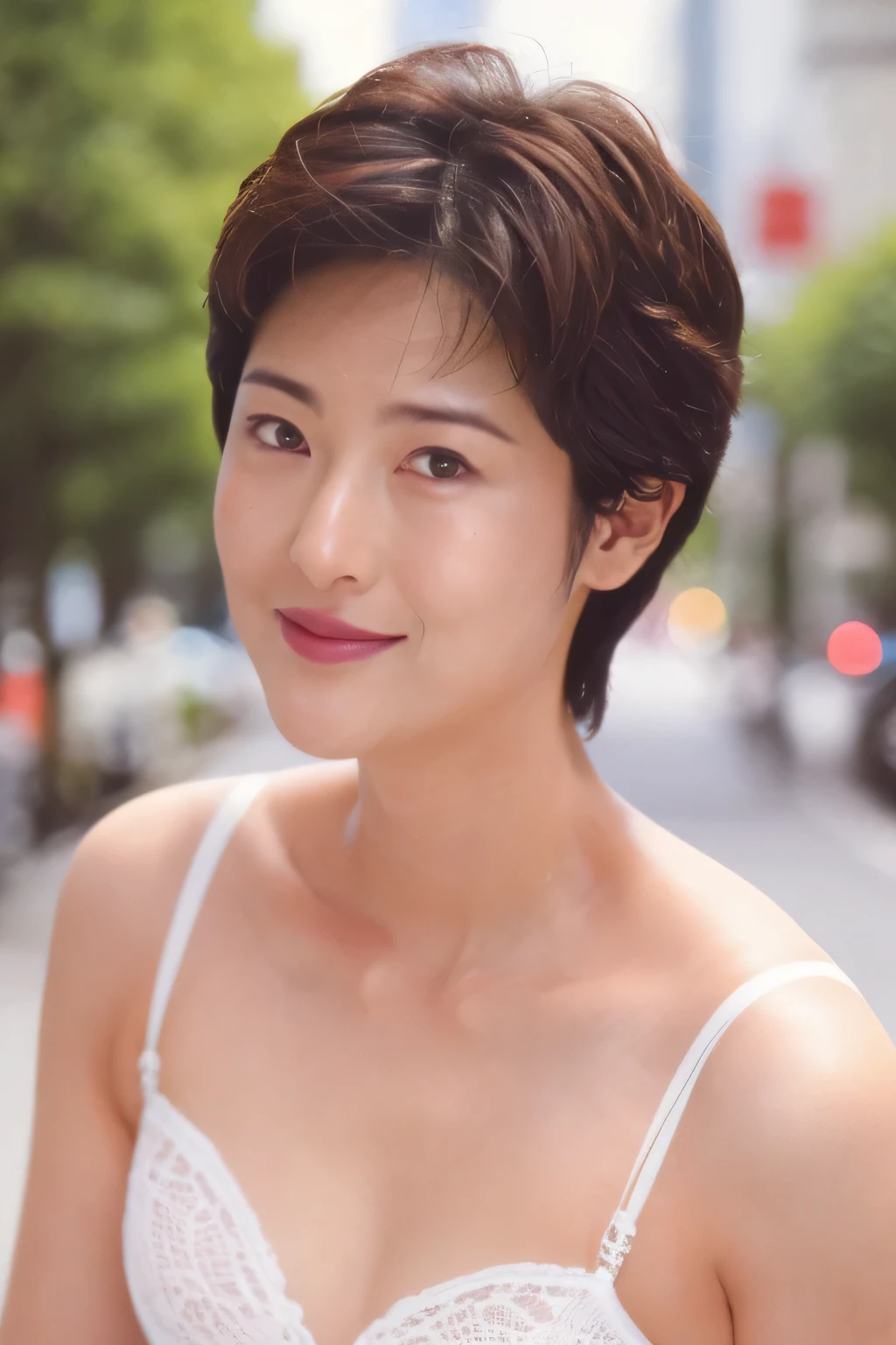 NSFW:1.5,((highest quality、8K resolution、master masterpiece、portrait:1.3)), Photoreal, 35mm film, 1 Japanese female, Upper body、on the street during the day, wrinkles around the eyes、plump body、cleavage、boyish_pixie cut、smile,((white bra_panties:1.3)) , (outdoor:city street 1.3), jumbled background,look at the audience,Tokyo cityscape:1.3,close your mouth