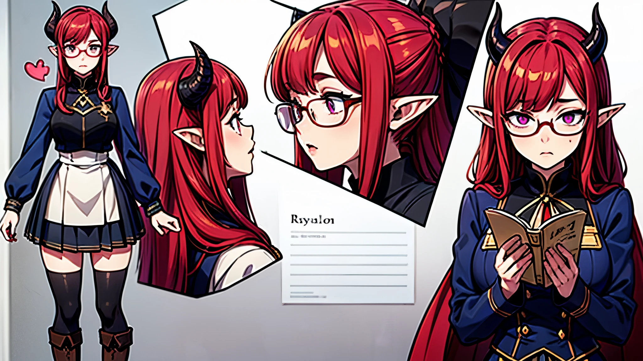 (Masterpiece, best quality), detailed, character sheet, many items (the same person, medieval royal clothes, magic academy uniform, blouse, skirt, glasses, reading glasses, white boots, many parts), athletic, busty, demon, demon girl, detailed beautiful purple eyes, detailed face, pointy ears, red hair and white skin, braided ponytail, demon horns, full of details.