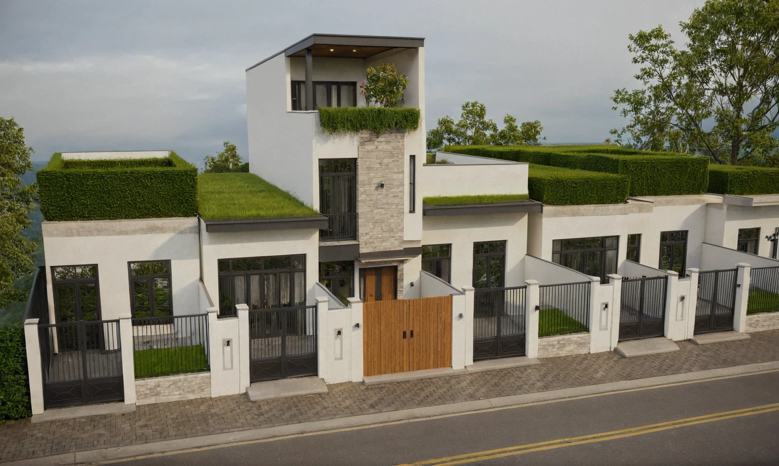 Raw photo,Masterpiece, high quality, best quality, authentic, super detail,
exterior, outdoors, house style modern on the street, brick wall, glass windows, gate, wooden ceiling,
road,pavement, trees, sky, cloud, (daylight:1.1)