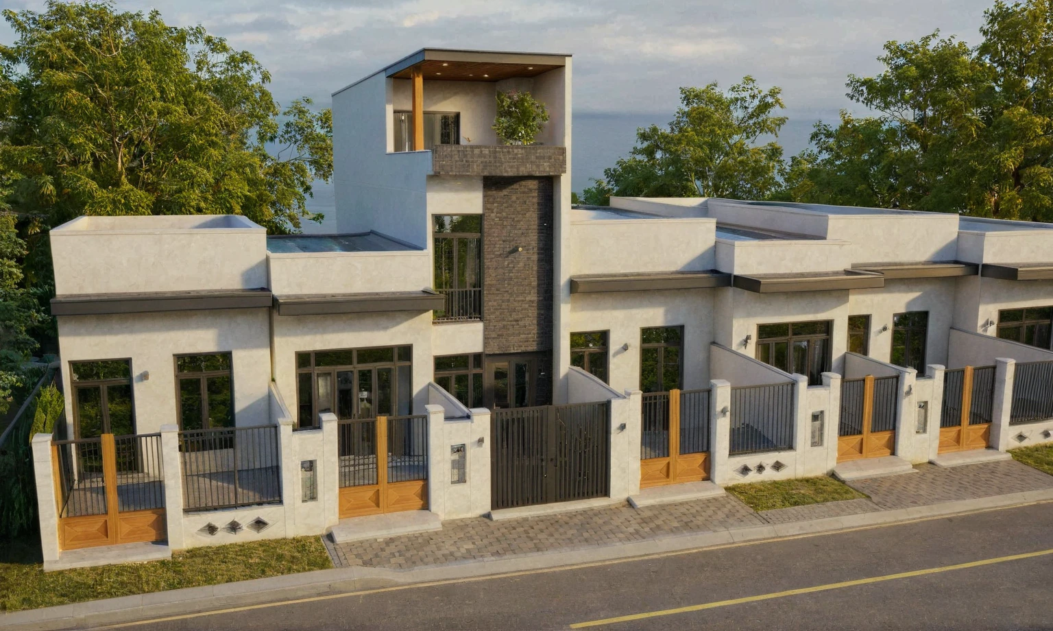 Raw photo,Masterpiece, high quality, best quality, authentic, super detail,
exterior, outdoors, house style modern on the street, brick wall, glass windows, gate, wooden ceiling,
road,pavement, trees, sky, cloud, (daylight:1.1)