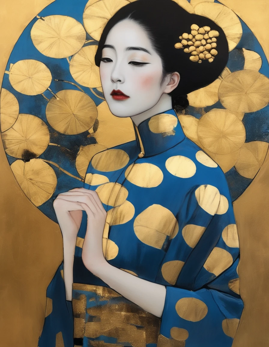(Gold Leaf Art:1.8), Gold Leaf Art Style, portrait, High resolution, Ultra-fine, (realism: 1.37), Character concept design, Hev Kahraman Style, Portrait of a Chinese girl, Girl Portrait, The eye details are exquisite, Beautiful and delicate lips, Detailed face, long eyelashes, Fashionable urban clothing, Intermission, Blue and gold foil, sharp focus, studio lighting, Stanley Donwood Style, Features, Ink Art, side view, best quality