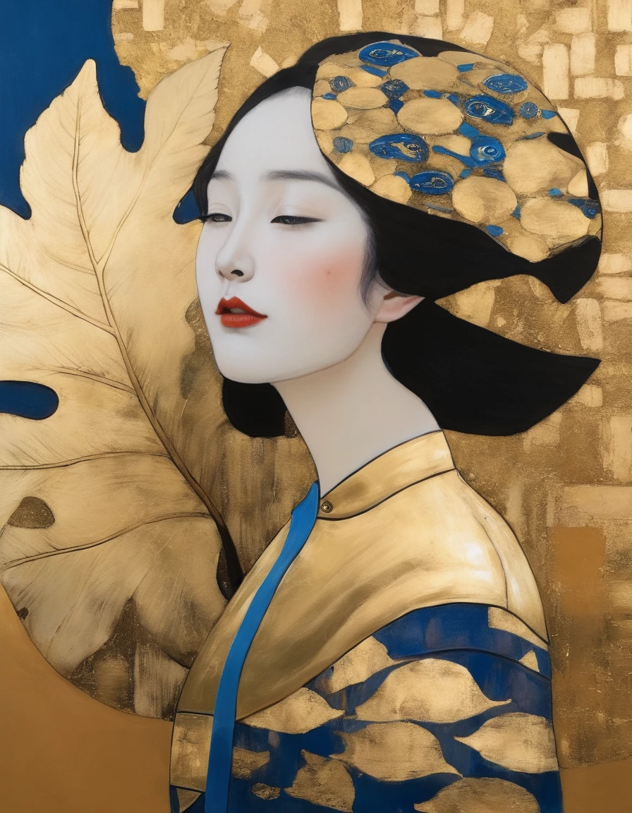 (Gold Leaf Art:1.8), Gold Leaf Art Style, portrait, High resolution, Ultra-fine, (realism: 1.37), Character concept design, Hev Kahraman Style, Portrait of a Chinese girl, Girl Portrait, The eye details are exquisite, Beautiful and delicate lips, Detailed face, long eyelashes, Fashionable urban clothing, Intermission, Blue and gold foil, sharp focus, studio lighting, Stanley Donwood Style, Features, Ink Art, side view, best quality