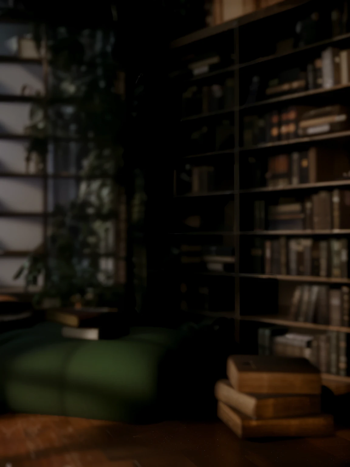 There is a cat sitting on a chair in the room, alchemist library background, library background, tilt shift library background, blurry background of the library, library interior background, gloomy library, dusty library, personal room background, magical library bokeh, in a gloomy library, some background blur, Realistic cinematic rendering, dark library, Detailed architectural visualization renderings, background = library