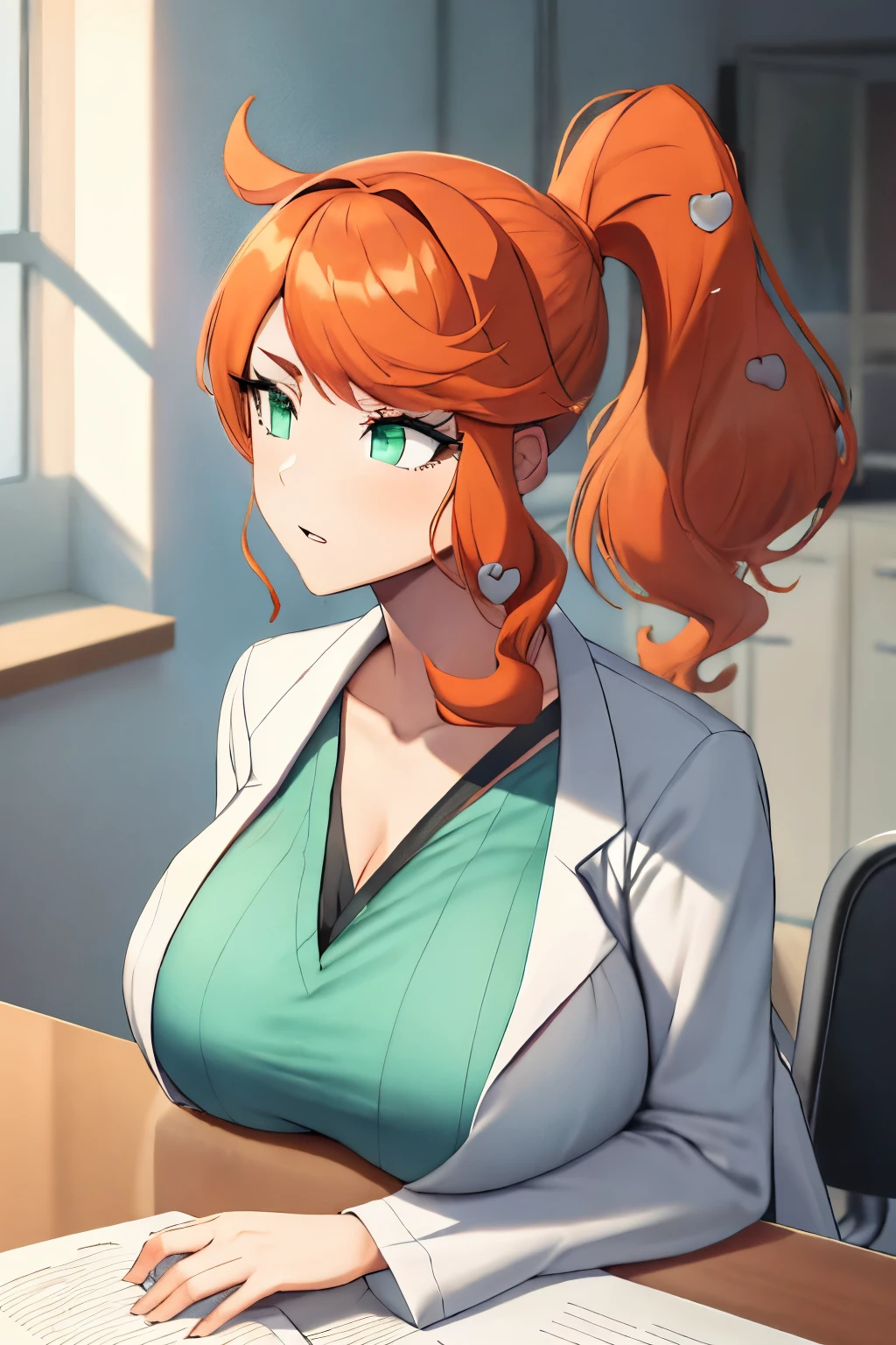 Sonia, Big, big, perfect body, outstanding style, female doctor, topless, open lab coat, emphasis on breasts, estrus face, sideways ponytail, orange hair, bangs, infirmary, green eyes, huge breasts, breasts on table, doctors desk, from the front, upper body