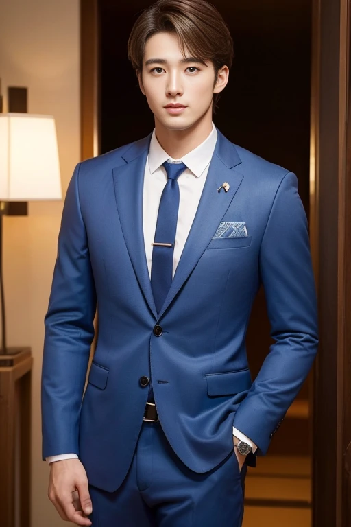 25-year-old refreshingly handsome guy,25 years old Japan man,Young handsome man standing in suit,（Very detailed handsome man）、Photo Real）、（top-quality）、ultra-detailliert、​masterpiece、An ultra-high picture quality、tall、Bright photo、Handsome like a model、Handsome like an idol、luxury watch、light hair color