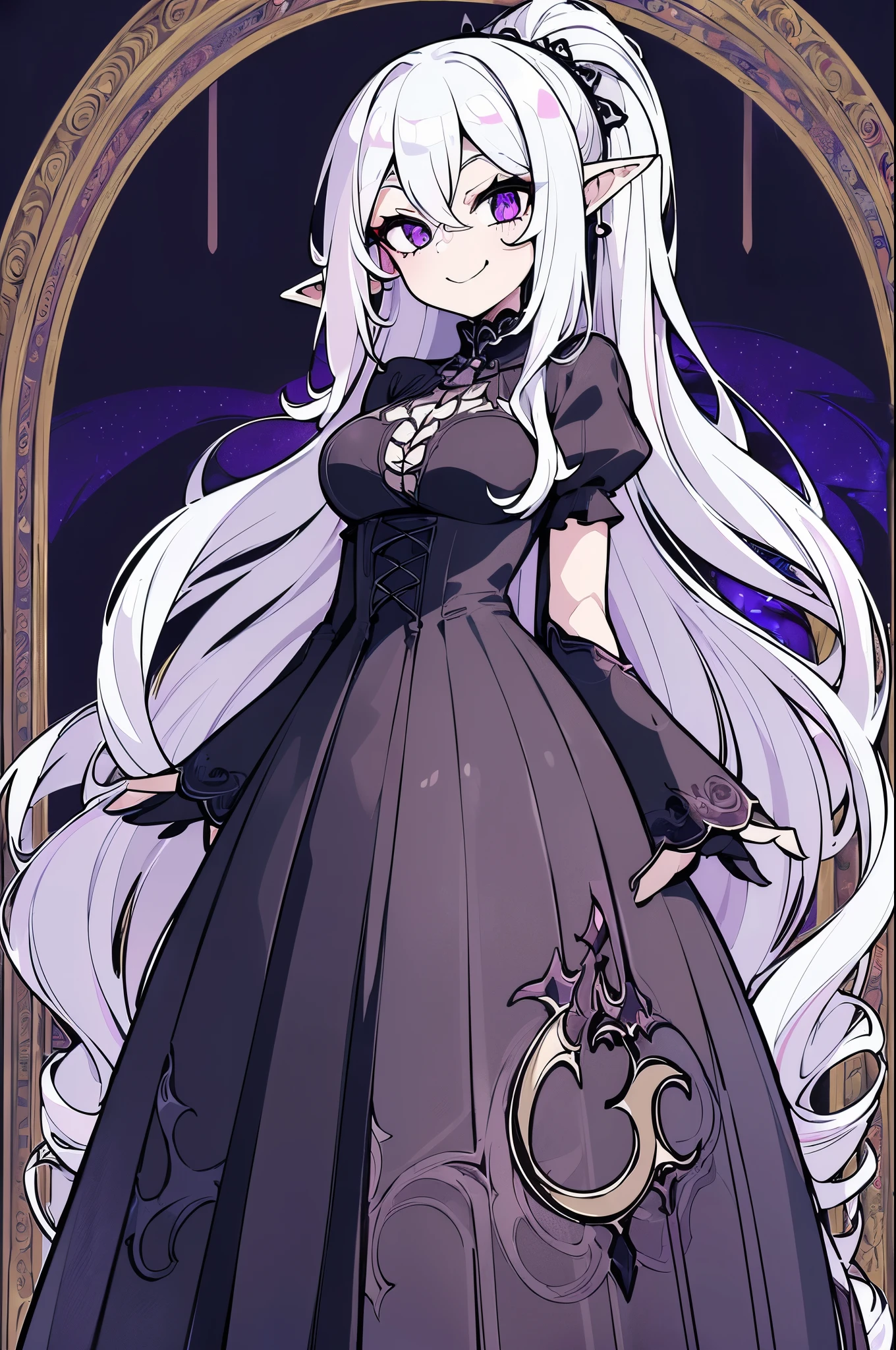 Masterpiece,(Highres,4k,highly detailed, best quality), 1 woman, elf ears, gentle face, sweet, very long wavy white hair, wavy ponytail, glowing evil purple dragon eyes, smiling, slender and tall, standing in a ballroom, (((fully covered up by a long gothic ornate dress))), small-medium chest, blue eyes, (((not sexualized)))