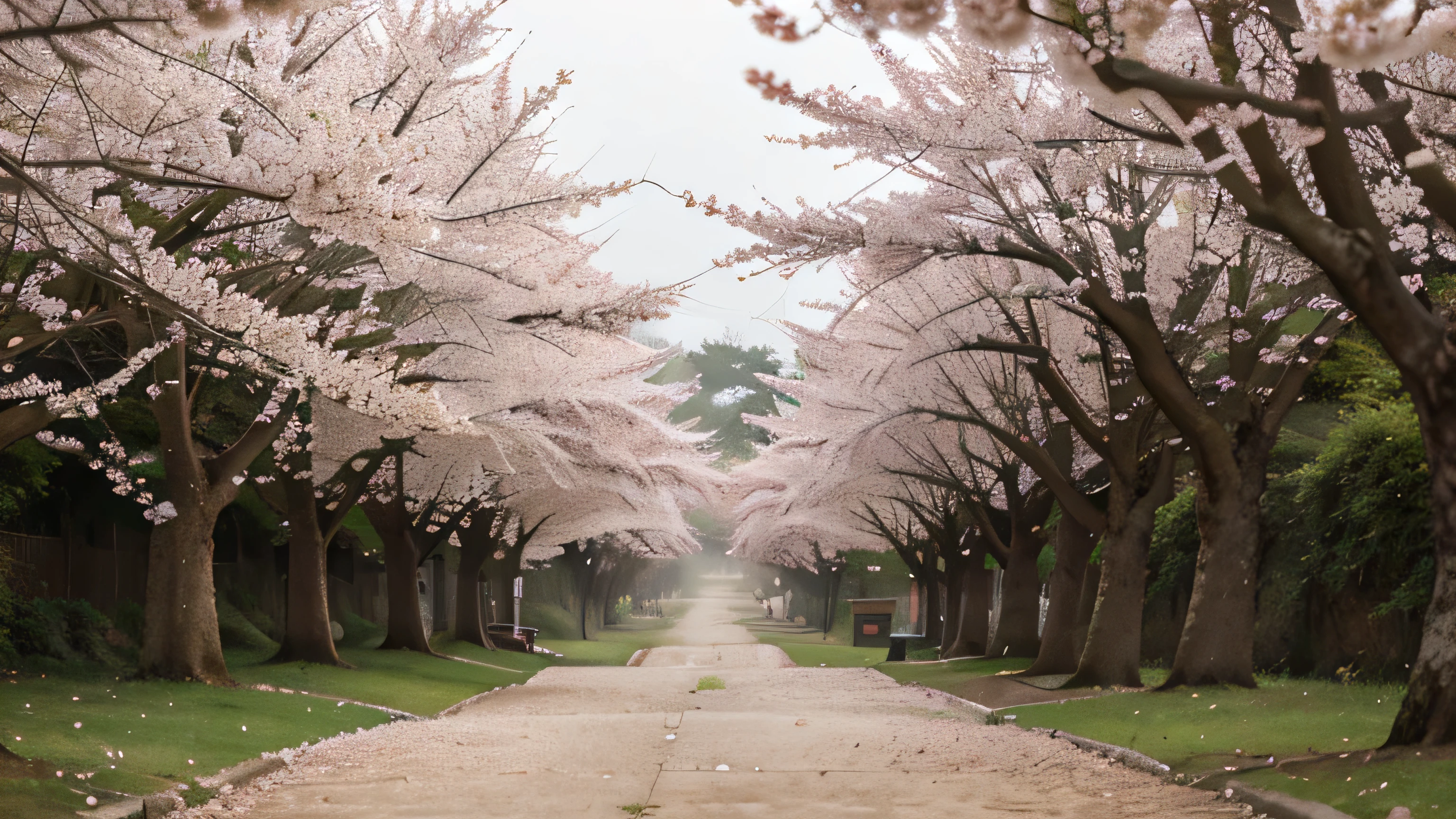 a misty cherry blossom forest