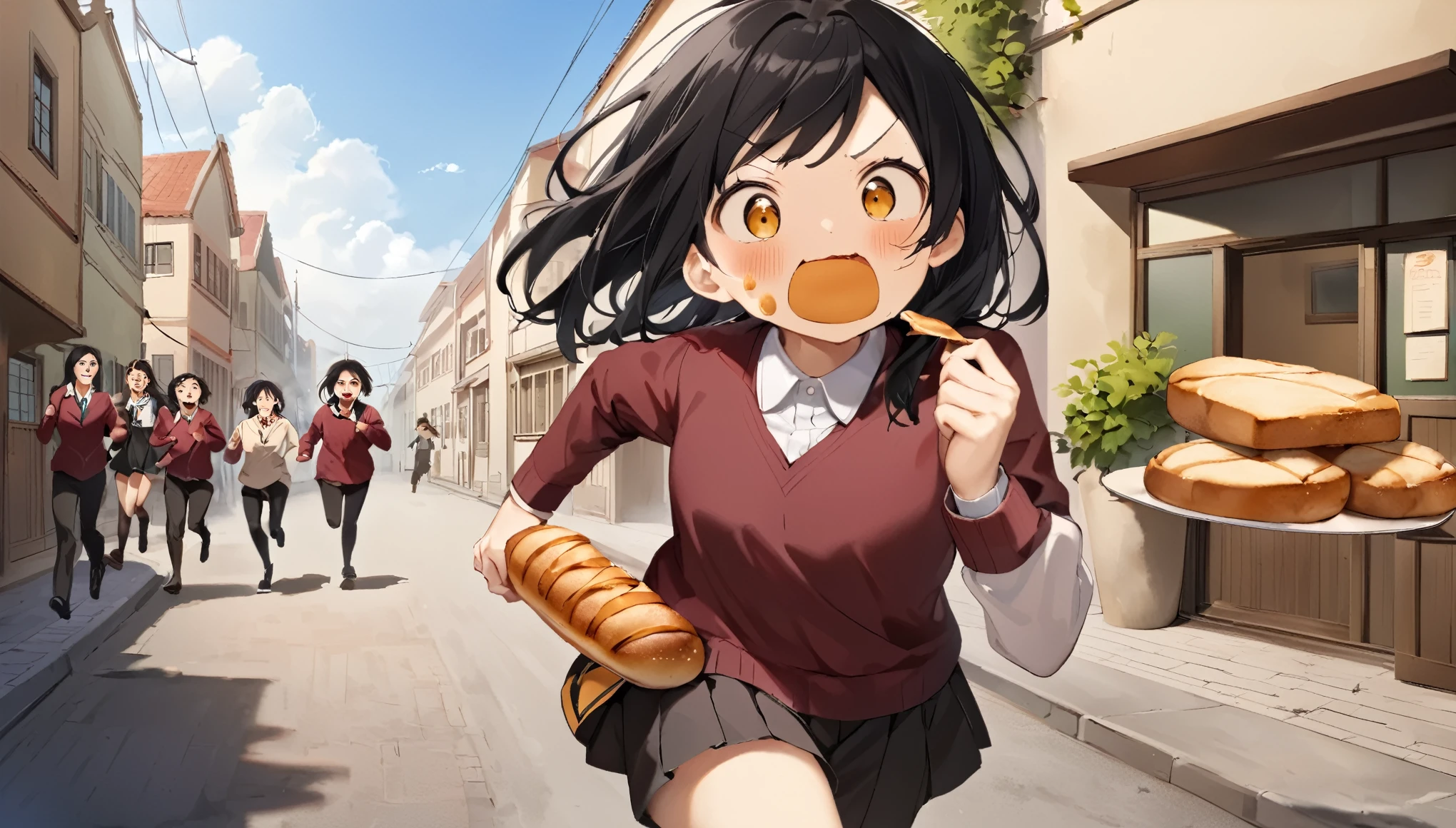 super high quality、In town、A high school girl is going to be late、Running、panicked face、long black hair、I'm eating bread