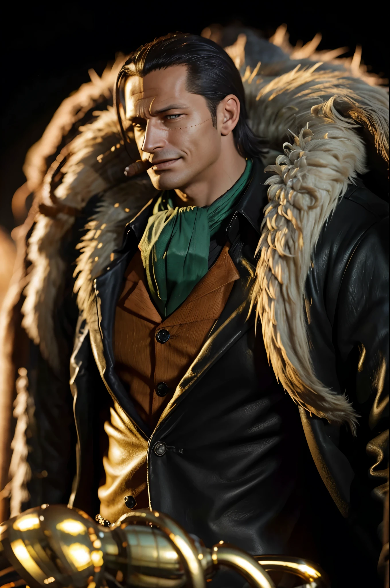 masterpiece, best quality, extremely detailed, hyperrealistic, photorealistic, a cool 40s man, ultra detailed face:1.2, fur-trimmed coat, scarf around the neck, his left hand is a golden pirate hook:1.1, cigar, black background:1.1, sly smile
