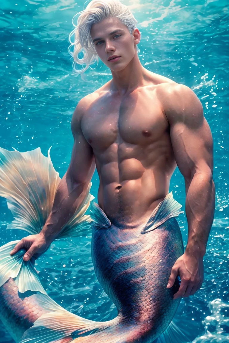 1 Male Mermaid, (Male Mermaid Model) Hot skin, masterpiece, top quality, The most handsome mermaid in the world, Tan Quan, Perfect body, Beautiful male model, Attractive male lead 20-25 perfect age, white hair, summer, seawater, blue sky, Baiyun, Solid handsome young mermaid, ultra high definition, 8K, male only .8K Ultra HD, DSLR camera, low light, high quality, film grain, Fuji XT3, Men's Breaststroke