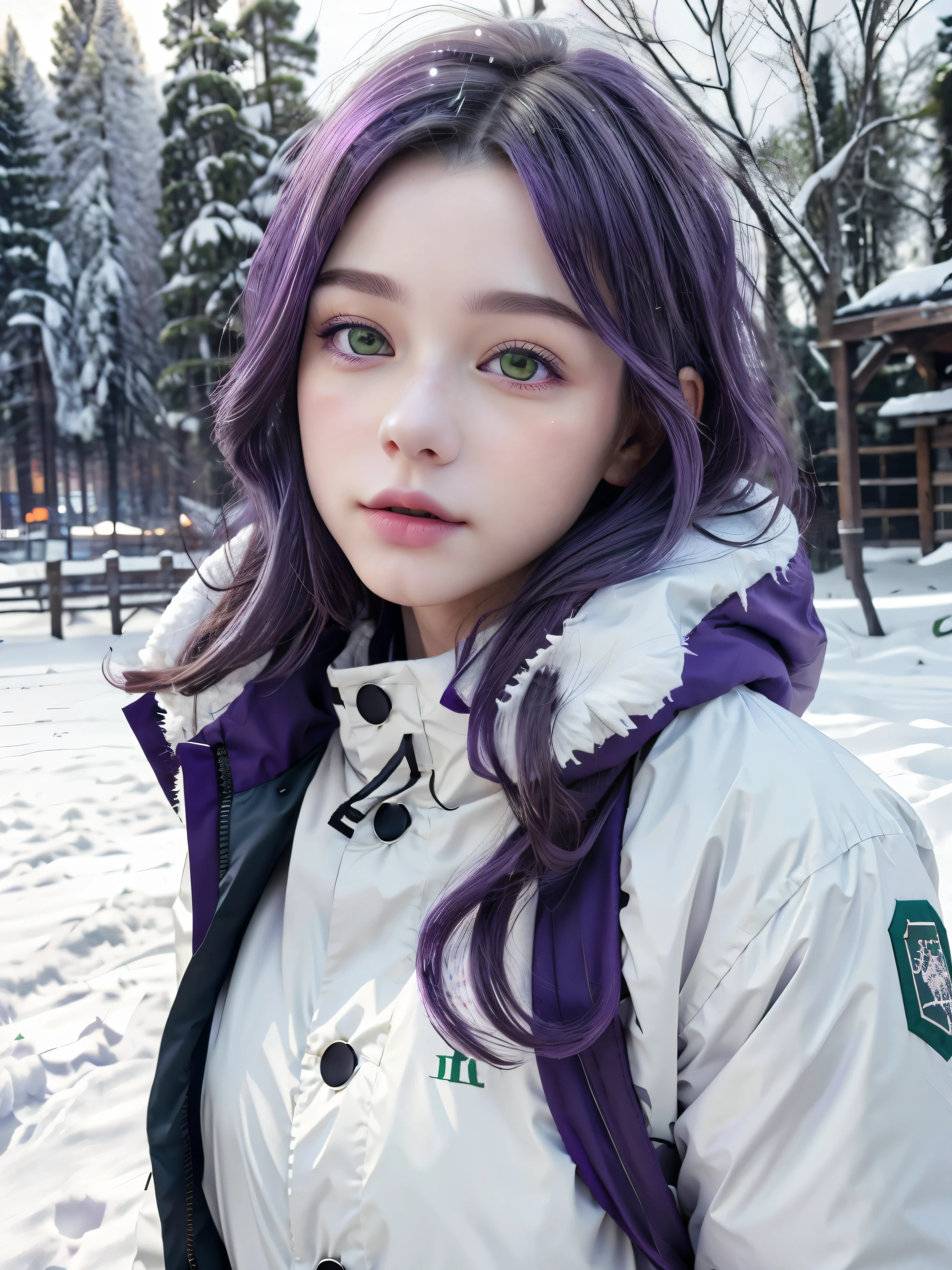 (8k), (highest quality), (best details)purple hair、green eyes、white down jacket、tattoo、curly hair、Beautiful French woman、outdoor、heavy snow is falling、wilderness