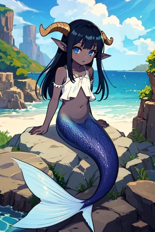 mermaid、blue scales、black skin、flat chest、white clothes、White Stool、goat horn、blue eyes、pointed ears、belly button、neutral、cliff