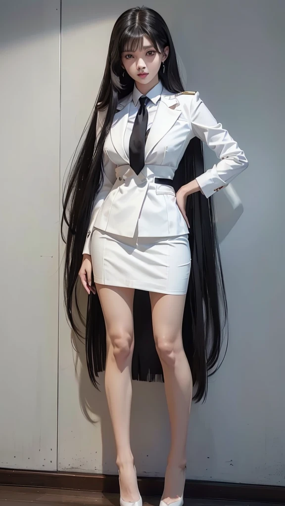 Beautiful girl with two meter long hair, long black hair, ชุดสูทผู้หญิงwhite, (ใส่สูทผู้หญิงwhite, Wear a suit over the outside.), (ชุดสูทผู้หญิงwhite), (เสื้อเชิ้ตwhite), (Thai women&#39;s short black necktie), (Military rank insignia), (short pencil skirtwhite), tight, (dynamic post), full body, (Huge breasts, thin body, small waist, hips raised, small thighs, Long legs), A gigantic rift, black high heels, (short pencil skirt, white), (Wearing a white business suit, สูทนักธุรกิจหญิงwhite), tight, military regalia,