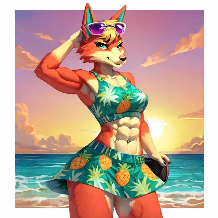 a digital artwork of audie with abs wearing a crop top of her turquoise and pineapple muumuu with a turquoise and pineapple skirt, a bare midriff and a bare navel , she has sunglasses on her forehead