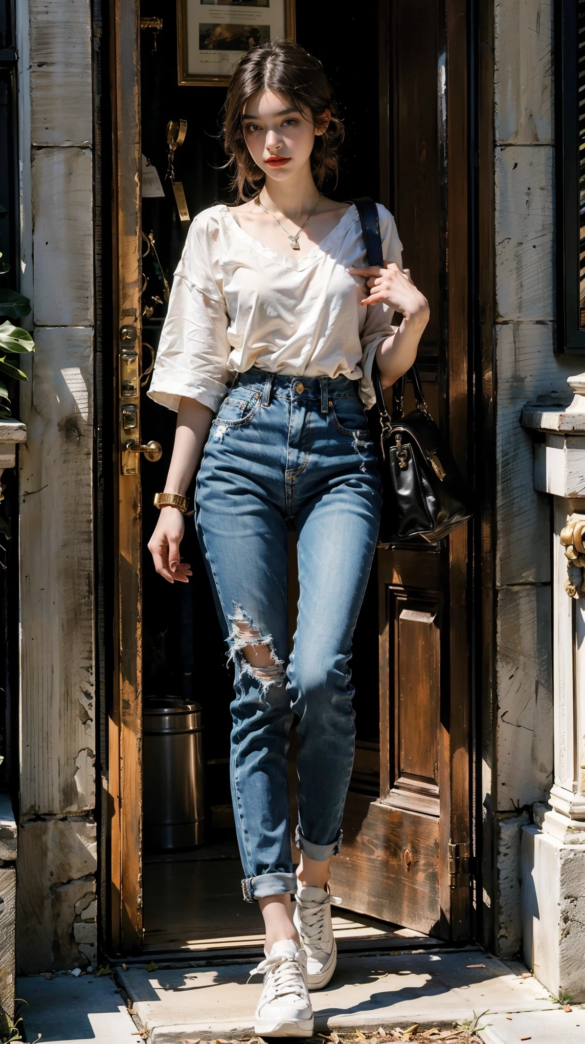 (Ultra-detailed, photorealistic, best quality, 4k,8k, highres, masterpiece:1.3) quality showcases an 18-year-old, Chinese international student at Harvard. A rich kid with an ultra-high-net-worth background embodies the lavish lifestyle of a spoiled ???, exuding an air of mean girl attitude. Dressed in high-end fashion brands from head to toe, her outfit includes a loose-fitting, white T-shirt from Tom Ford and a pair of dark-washed, straight-cut jeans from Gucci. On her feet are classic white leather low-top sneakers from Saint Laurent. Her accessories include a minimalist diamond pendant necklace from Tiffany & Co and a Hermes Evelyne Crossbody Bag III in a neutral tone. Her makeup is kept natural and simple, with La Mer's Soft Fluid Long Wear Foundation and a lightly tinted lip balm from Dior. Her hairstyle alternates between a relaxed, low ponytail and loose waves for an effortless look, maintained with Oribe's Gold Lust Nourishing Hair Oil for added shine and softness. Her movements exude confidence and superiority, with an aura of wealth and privilege evident. The background showcases a luxurious setting, like a high-end boutique or an upscale city street, reflecting her affluent lifestyle. ((Intricate detail)), super finely detailed hands, ultra finely detailed fingers(((ten fingers))), (strutting confidently), (full body showcase), (show full body), (no logos in the background), (no logo).