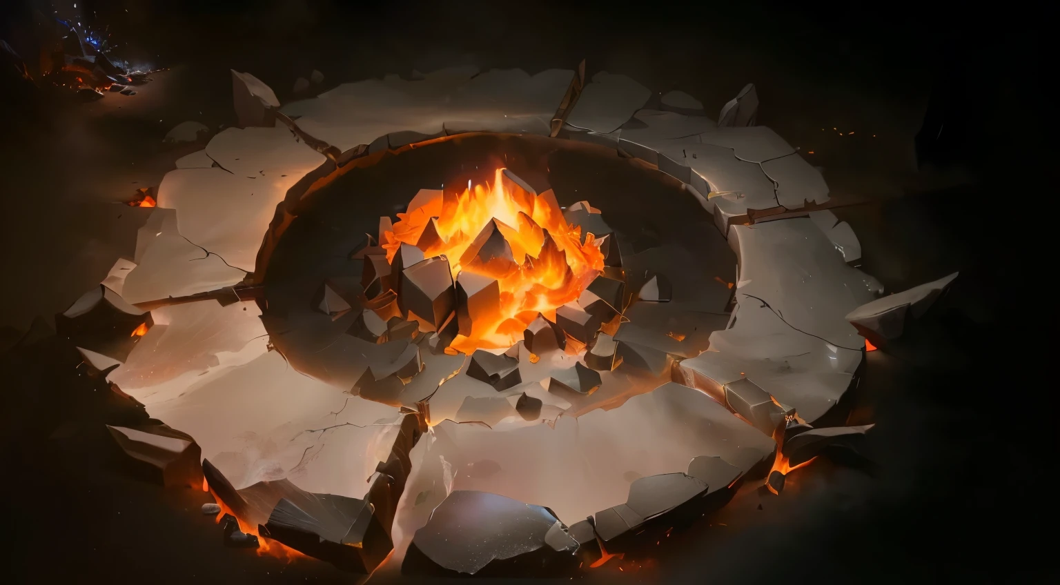 There is a fire pit，there is fire inside，There are rocks around, flame stones are scattered, blizzard Hearthstone concept art, Hearthstone concept art, Holy Fire Spell Art, Dota 2 concept art, Riot Games Concept Art, Research the Hell Rift Portal, Portal to the Lost Flame Realm, diablo concept art, Ironmaking pits, Mysterious concept art with high detail, best quality, 8K, [Super detailed], masterpiece, best quality, (Very detailed), Dynamic angle, lifelike, dnd art, fantasy art, realistic art,(strong details, masterpiece, best quality: 1.5)，joist，sacrifice，runes