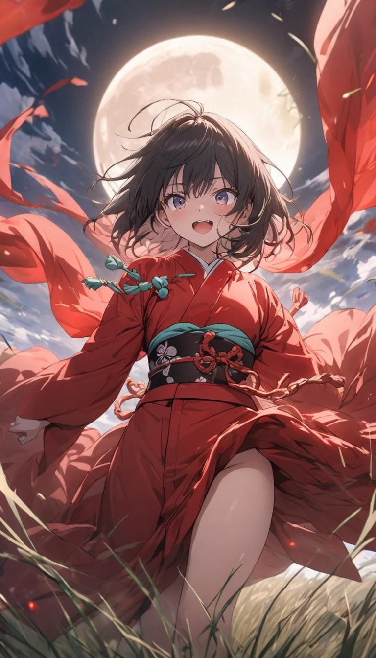 (highest quality、masterpiece、High resolution、detailed), BREAK,(Shining eyes、detailed美しい顔)、anime、masterpiece, anime、, BREAK,highest quality, samurai in red kimono, Fabric flowing through the air, moon, northern grassland, software