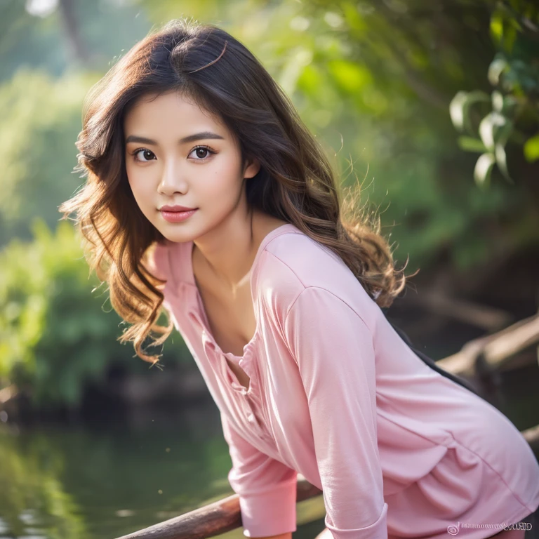 make a full body oil painting photo of a beautiful 30 years old Indonesian woman, round face, beautiful, cute, beautiful eyes, beautiful wavy hair with a slight curl at the ends of her hair, pink and black, with a catchy natural casual outfit, posing in a fishing spot, face glowing with series, photo full HD, perfect clear contrast, 16k, front focus; original photo.beautiful digital painting, beautiful art uhd 4k, beautiful digital artwork, beautiful digital illustration, very beautiful portrait, beautiful detailed portrait, beautiful digital art, very digital art beautiful, stunning digital painting, detailed beauty portrait, beautiful digital painting, 4k detailed painting, beautiful beautiful digital art, UHD, realistic, faint smile.