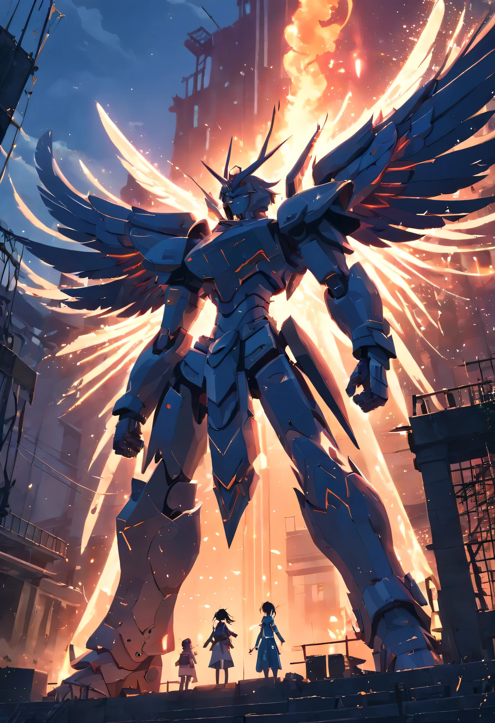 (extremely detailed CG unity 16k wallpaper:1.1), (Denoising strength: 1.45), (tmasterpiece:1.37), masterpiece), (super delicate), (extremely delicate and beautiful), (Realistic style:1.2), cel shading, (dynamic angle), War Photography, (giant monster:1.8), solo, (Missile Bombing:1.3), complex details, metal armor, blood, metal texture, Visual impact, Backlight, (dark intense shadows), broken buildings, detailed and intricate, ruins, fog, (magic array circle the sky:1.5), (illustration), hyperrealism, god rays, sparkle, glowing light, (best quality), ( Having wings)