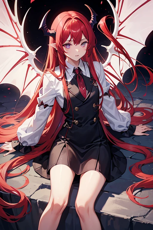 1boy, red hair, long hairstyle, lilac eyes, demon clothes, demonic wings
