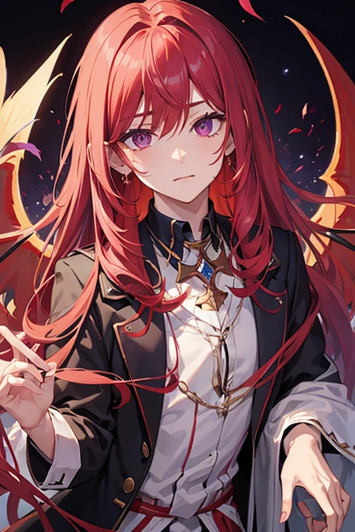1boy, red hair, long hairstyle, lilac eyes, demon clothes, demonic wings