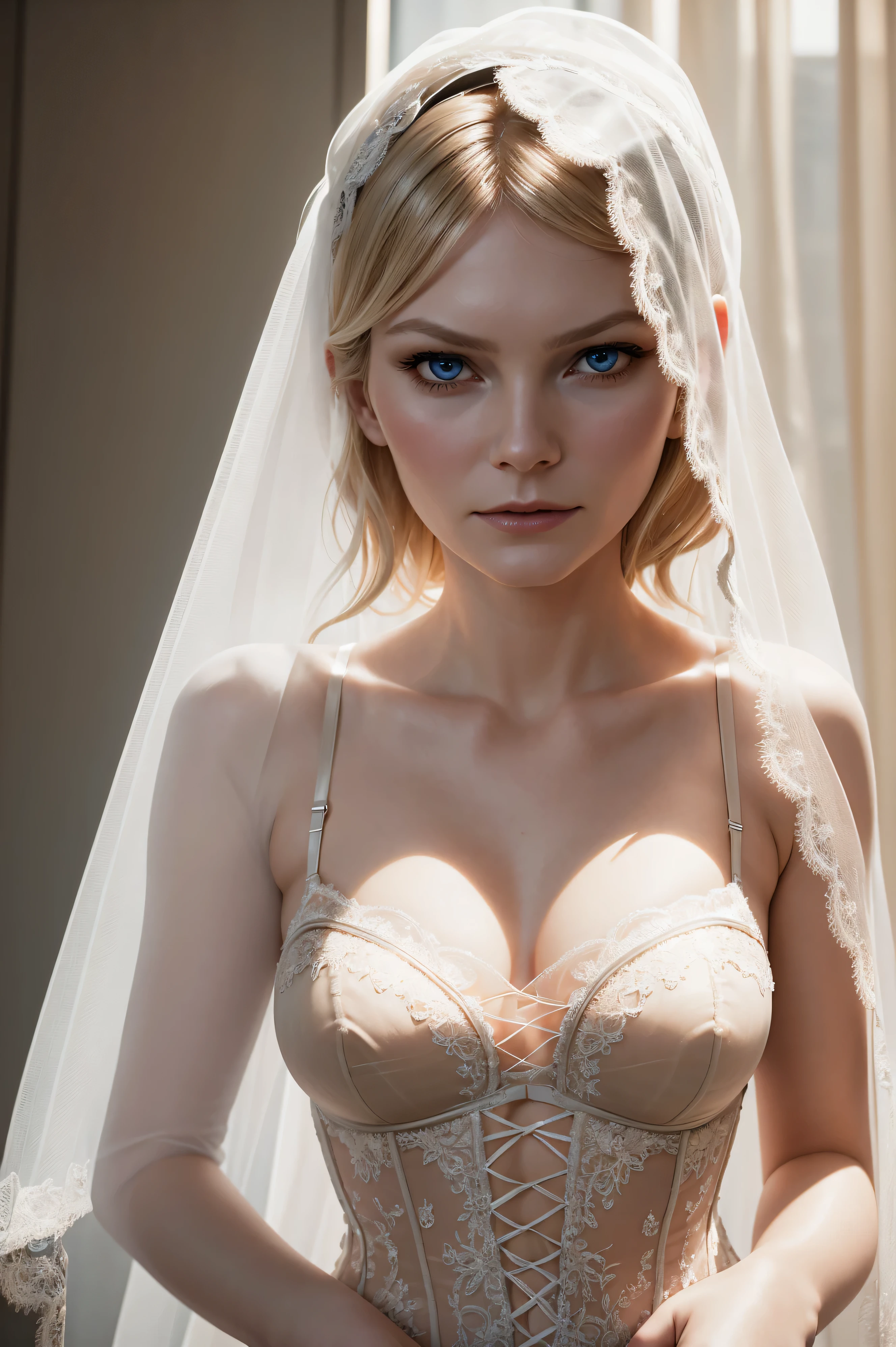 Kirsten Dunst, wearing nude veil bride lingerie corset costume transparent. professionally retouched, soft lighting, realistic, smooth face, perfect eyes, sharp focus on eyes, 8 k, high definition, insanely detailed, intricate, elegant. be in the bedroom.