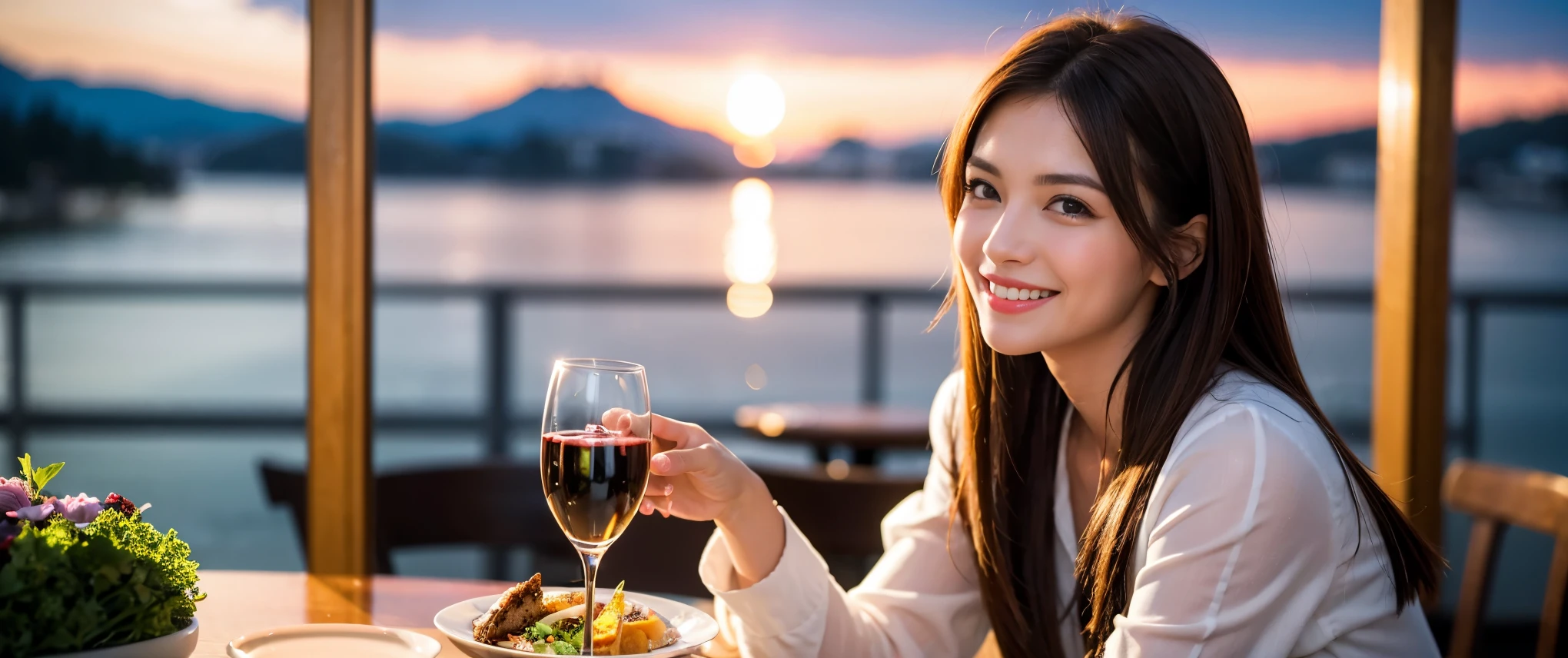 ((highest quality、8K、masterpiece:1.3))、Beautiful woman perfect body:1.4、slimなボディ、((Bob Hale、straight hair:1.2))、 ultra high resolution, bright image、2. Wine Beauties, beautiful face, blue eyes, fine eyes, light shines on your face, blush your nose, short hair,Spectacular view of the sunset sky and clouds、Amazing mountain views、ニコニコ明るいsmile、smileの素敵な女性、bright face、Fox face、lady、Champagne、Wine bottle、wine glass、red wine 、Appetizer、Italian food、two beauties、brown hair、shortcut、long sleeve shirt、winter fashion、dress、wine bottle、sparkling wine、Pretty Woman 1, (slimな顔), (brown hair), (shortcut), cheeks turn a little red, (42 years old), 39 years old, charming beauty、restaurant, nova frog style, actress, model, Upper body, White wine, slim, wine glass, 真ん中に置かれたwine glass, smile, (smile: 1.15), 綺麗なfine eyes, Strong light and shadow,moist body:1.5、delicate eyes、brown hair、The hair is very shiny、