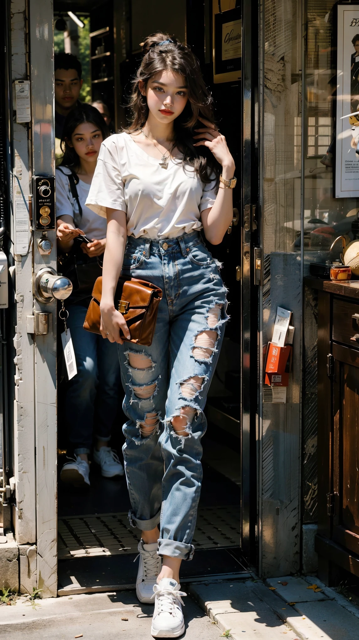 (Ultra-detailed, photorealistic, best quality, 4k,8k, highres, masterpiece:1.3) quality showcases an 18-year-old, Chinese international student at Harvard. A rich kid with an ultra-high-net-worth background embodies the lavish lifestyle of a spoiled ???, exuding an air of mean girl attitude. Dressed in high-end fashion brands from head to toe, her outfit includes a loose-fitting, white T-shirt from Tom Ford and a pair of dark-washed, straight-cut jeans from Gucci. On her feet are classic white leather low-top sneakers from Saint Laurent. Her accessories include a minimalist diamond pendant necklace from Tiffany & Co and a Hermes Evelyne Crossbody Bag III in a neutral tone. Her makeup is kept natural and simple, with La Mer's Soft Fluid Long Wear Foundation and a lightly tinted lip balm from Dior. Her hairstyle alternates between a relaxed, low ponytail and loose waves for an effortless look, maintained with Oribe's Gold Lust Nourishing Hair Oil for added shine and softness. Her movements exude confidence and superiority, with an aura of wealth and privilege evident. The background showcases a luxurious setting, like a high-end boutique or an upscale city street, reflecting her affluent lifestyle. ((Intricate detail)), super finely detailed hands, ultra finely detailed fingers(((ten fingers))), (strutting confidently), (full body showcase), (show full body), (no logos in the background), (no logo).