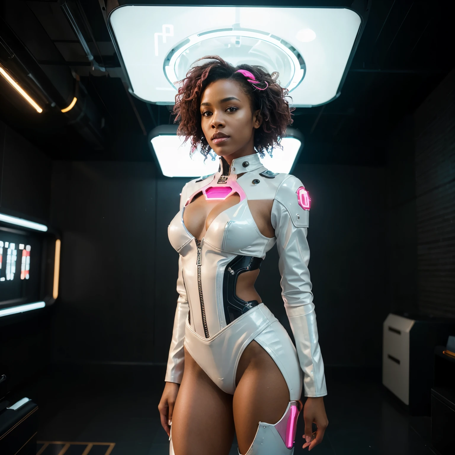 A very beautiful girl, African-American appearance, with short, curly pink hair, slender, Futurism, cyberpunk, steampunk, dressed in a white leather shiny futuristic suit with bronze inserts with elements of space and ethno, standing at full height on a dark background in bright enchanting flashes of neon light , cinematic quality, Masterpiece, high quality photo Cinematic Frame, Hasselblad X2D, ultra-detailed, photorealistic, cinematic quality