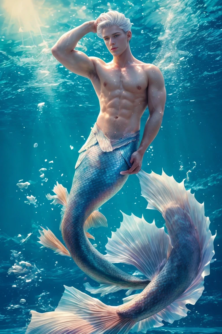 1 Male Mermaid, (Male Mermaid Model) Hot skin, masterpiece, top quality, The most handsome mermaid in the world, Tan Quan, Perfect body, Beautiful male model, Attractive male lead 20-25 perfect age, white hair, summer, seawater, blue sky, Baiyun, Solid handsome young mermaid, ultra high definition, 8K, male only .8K Ultra HD, DSLR camera, low light, high quality, film grain, Fuji XT3, Men's Breaststroke