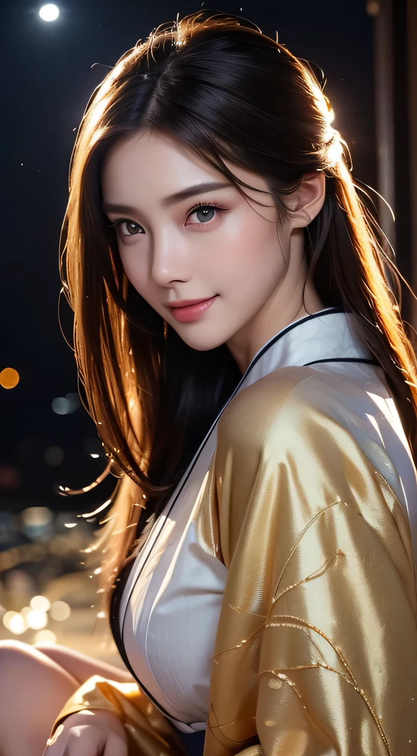 Beautiful woman in kimono,body portrait、8k,thin and beautiful eyes,Dindal effect、masterpiece, 最high quality, high quality, High resolution、very detailed photos、(natural skin texture、fine skin、hyper realism、Super sharpness)、high detail skin、(very detailed、fine skin texture、intricate details、beautiful face、(lifelike face)、realistic eyes、beautiful and detailed eyes、real looking skin、beautiful skin、surreal、very detailed、golden ratio、with smiling eyes、((night moonlight background))、body portrait、shiny bodysuit、Take a full body photo