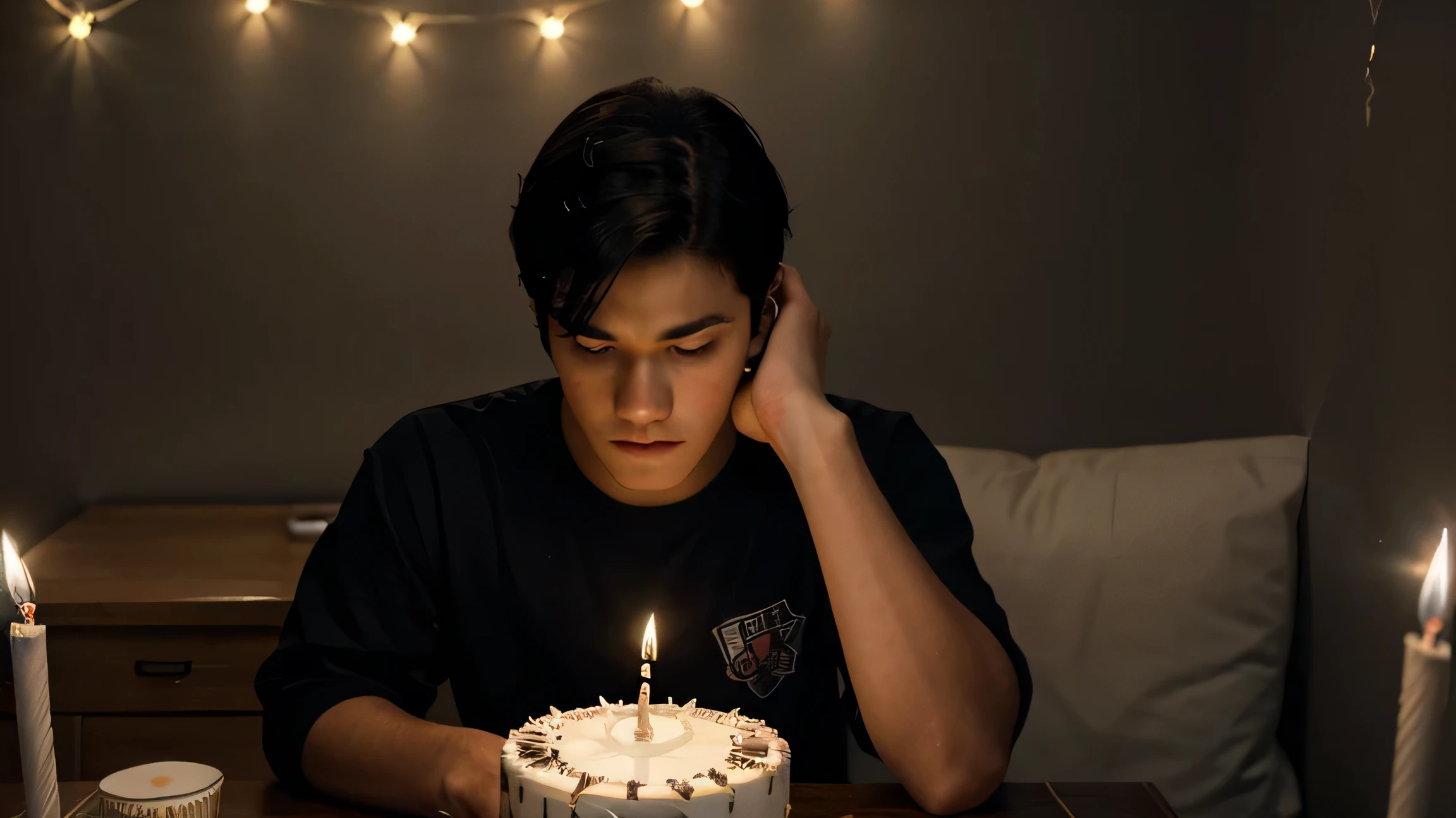 a sad fair skin age boy sitting alone on chair with table, well combed black hairs, looking at a birthday cake on the table with candles lit, in a lights off dark boys room, very realistic, very detailed, sad birthday, best quality, highly detailed face, ultra graphics, professional dark lightining