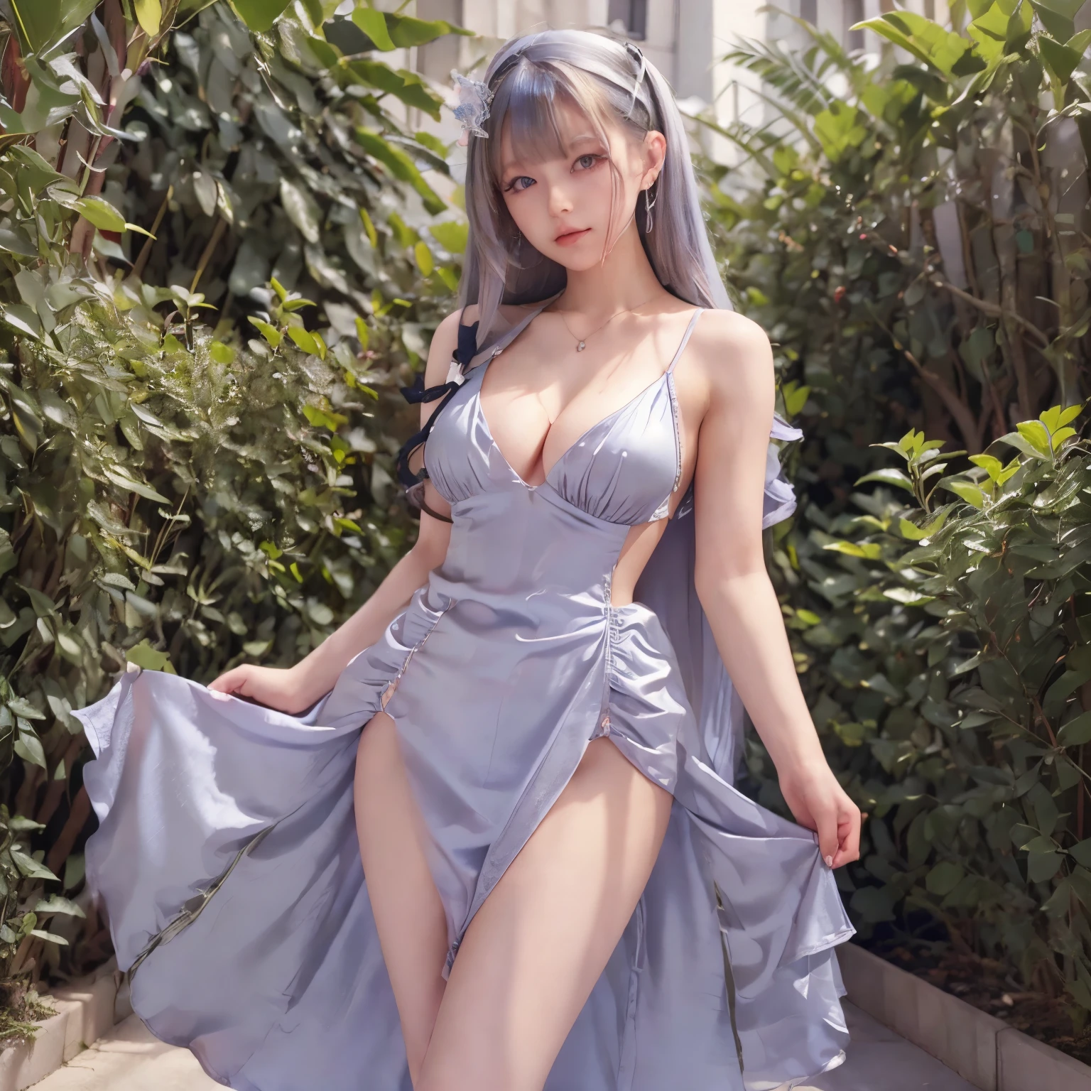1girl, st. louis (azur lane), standing, upper body, dress, silver dress, (revealing clothes:1.3), scenery,, anirl, best quality, ultra high res,